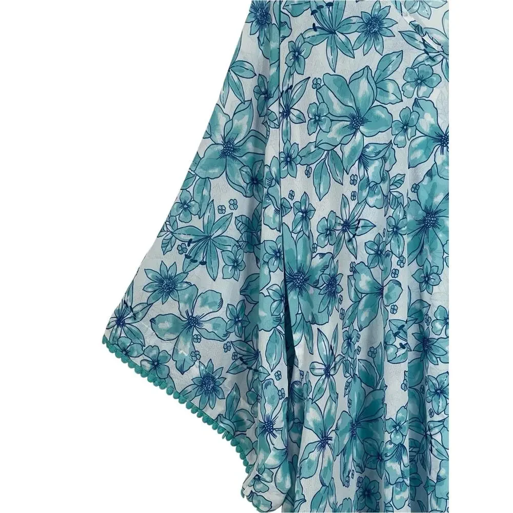 Lands' End Floral Swim Cover Up Tunic Dot Lace Trim Blue Size XL